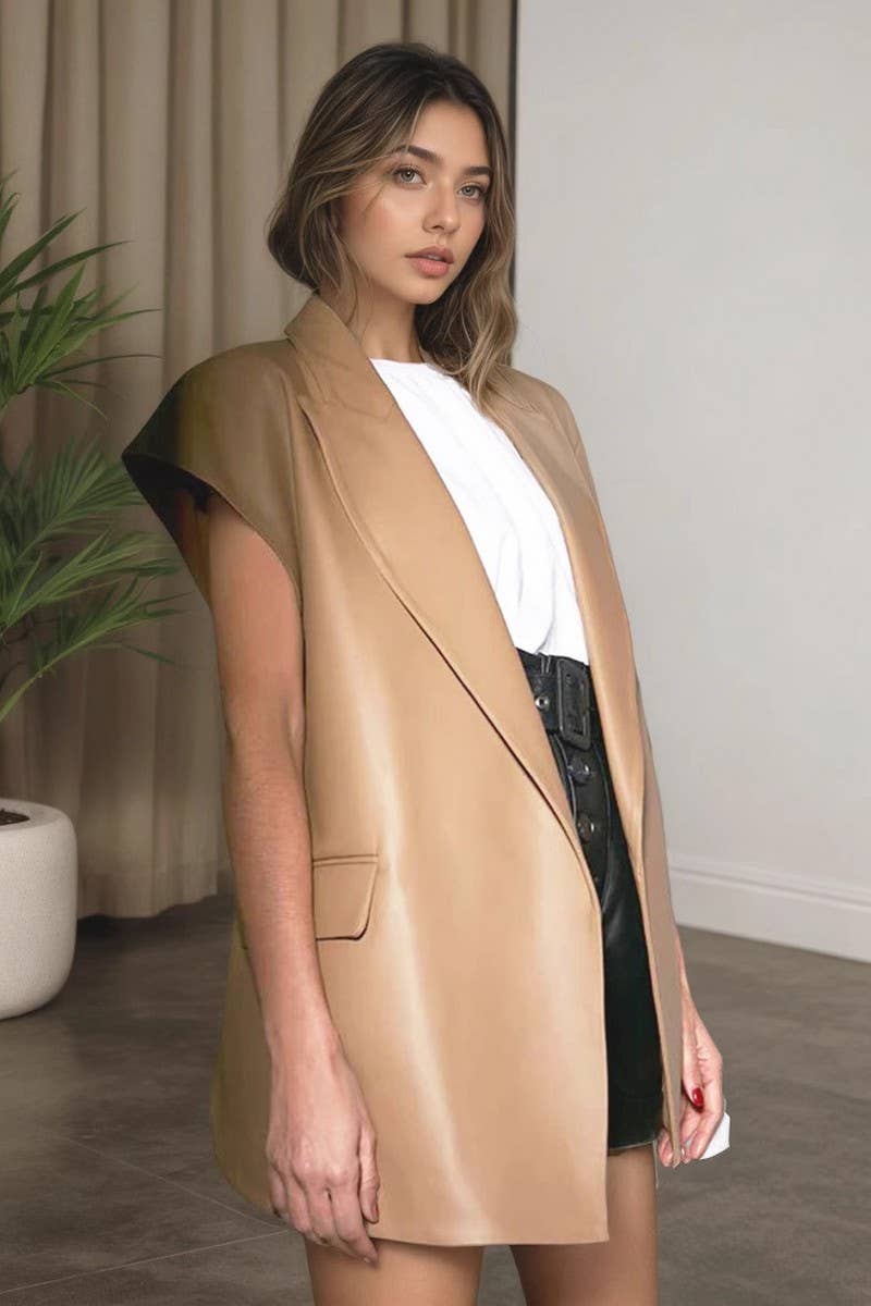 CWOV0790_SUIT COLLAR LEATHER SLEEVELESS LACE-UP VEST COAT