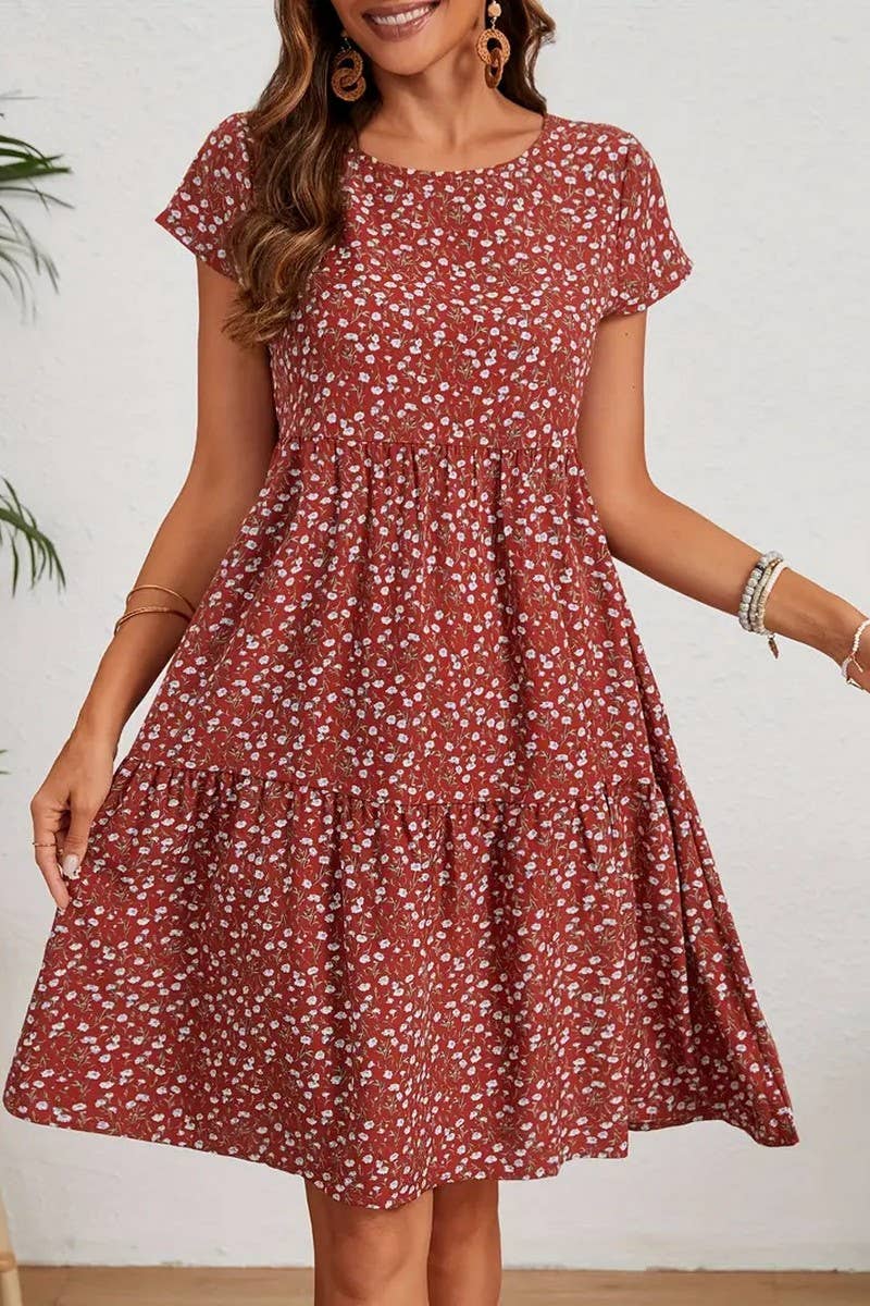 CWDMD6116_PRINTED ROUND NECK SHORT SLEEVE DRESS