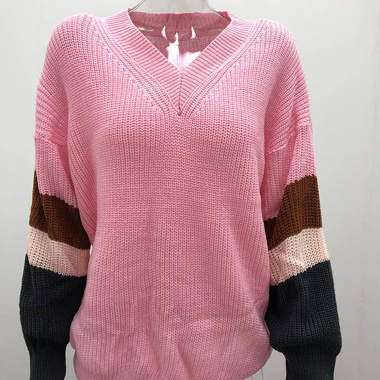CHICKEN-NECKED LANTERN SLEEVE STRIPED SWEATER