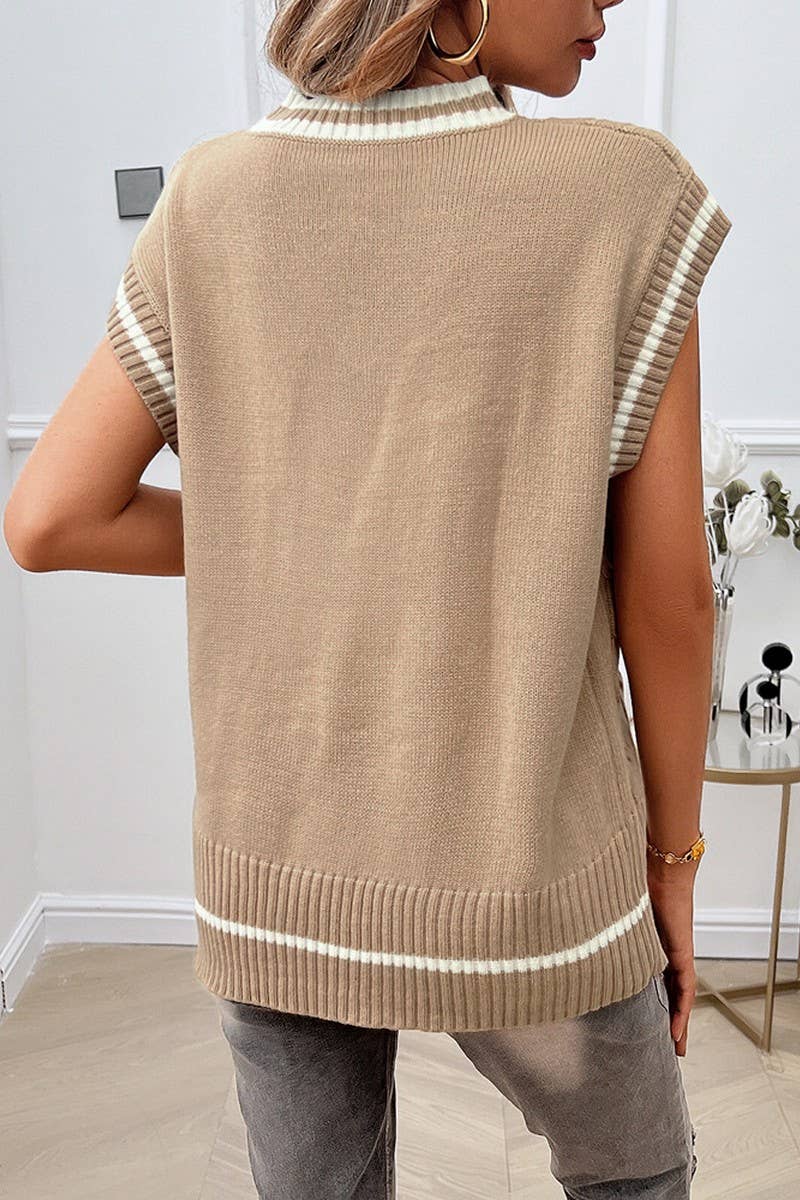 CWOV0454_V-NECK CONTRAST VEST KNITTED SWEATER
