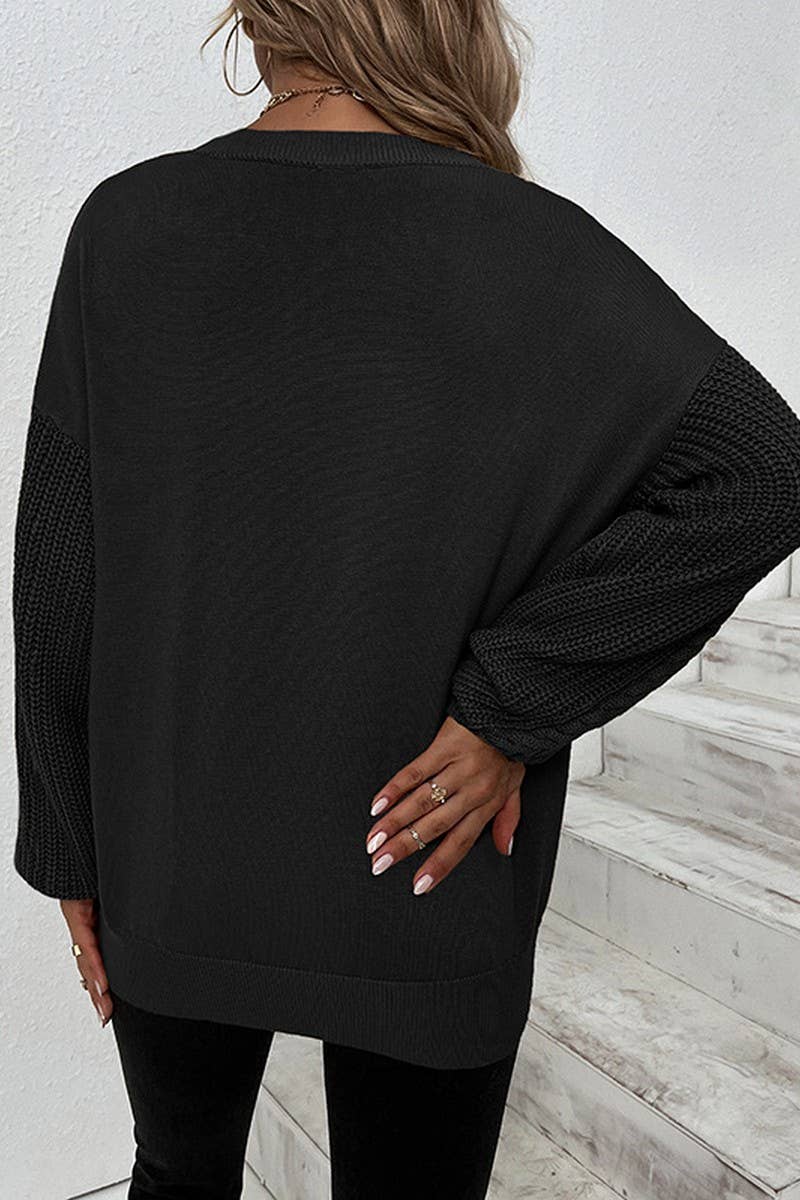 CWOSWL2945_SOLID COLOR CREW NECK CABLE KNIT SWEATER