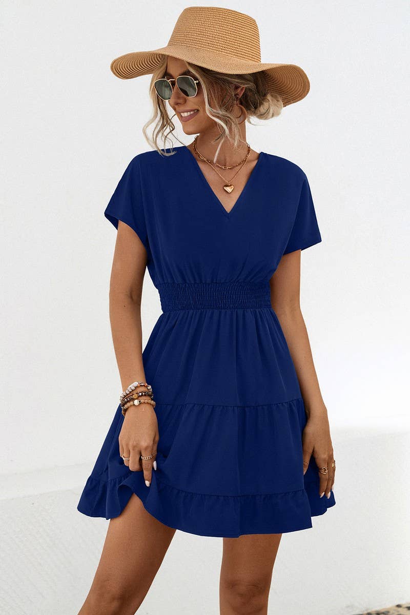 CWDSD4949_CASUAL V-NECK SOLID COLOR SHORT DRESS