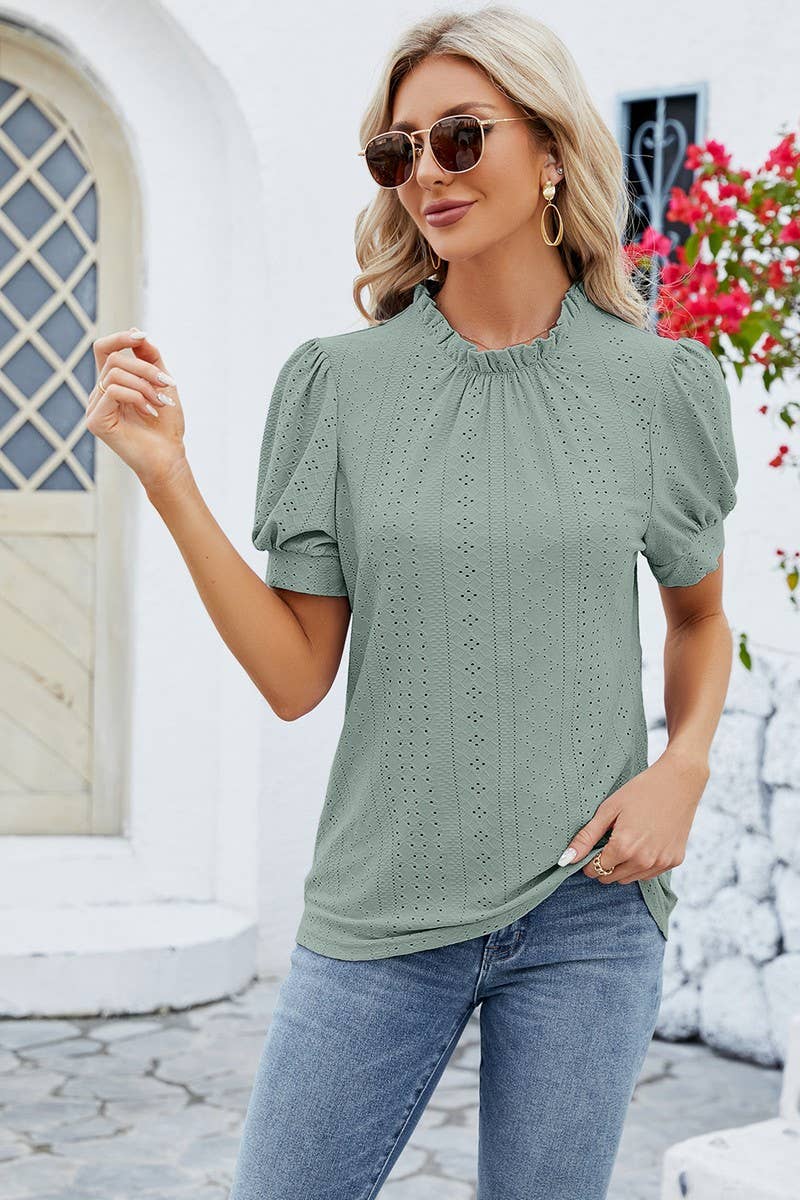 CWTSTS0364_PUFFY SLEEVE LOOSE HOLLOW-OUT PLEATED T SHIRT