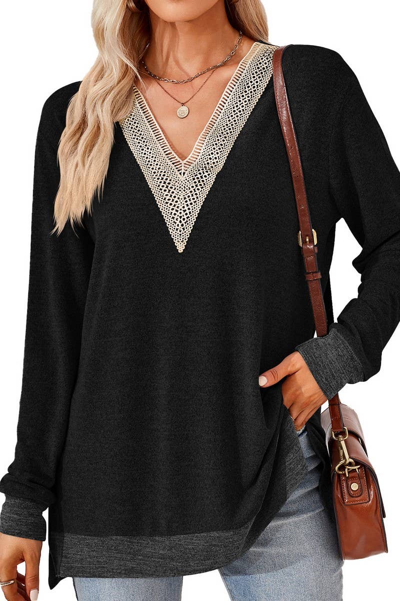 CWTBLL3660_AUTUMN NEW V-NECK LACE SOLID COLOR LOOSE T-SHIRT