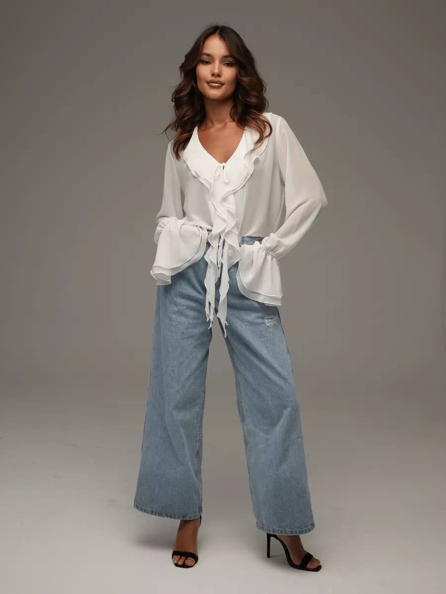 A stylish lace-up design with ruffled cardigan