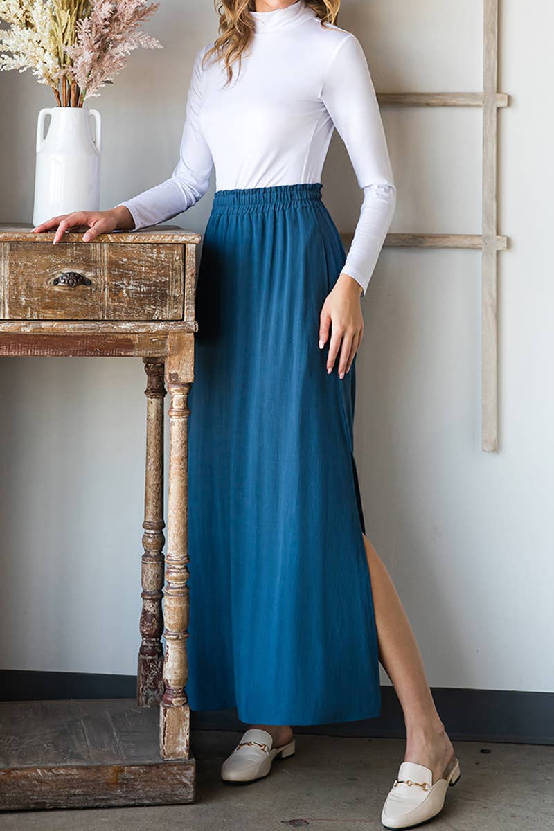 CWBLS092_MAXI SIDE SLIT DETAILED LINEN SKIRT