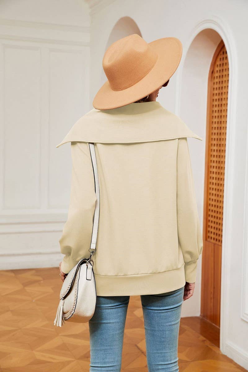 CWTBLL2400_SOLID COLOR ZIPPER LAPEL LOOSE SHAWL SWEATSHIRT