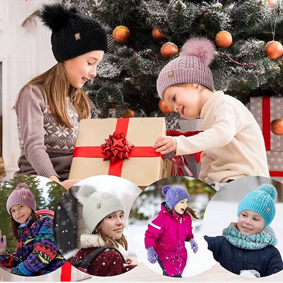 THREE-PIECE SET OF POM-POM HAT, SCARF AND GLOVES