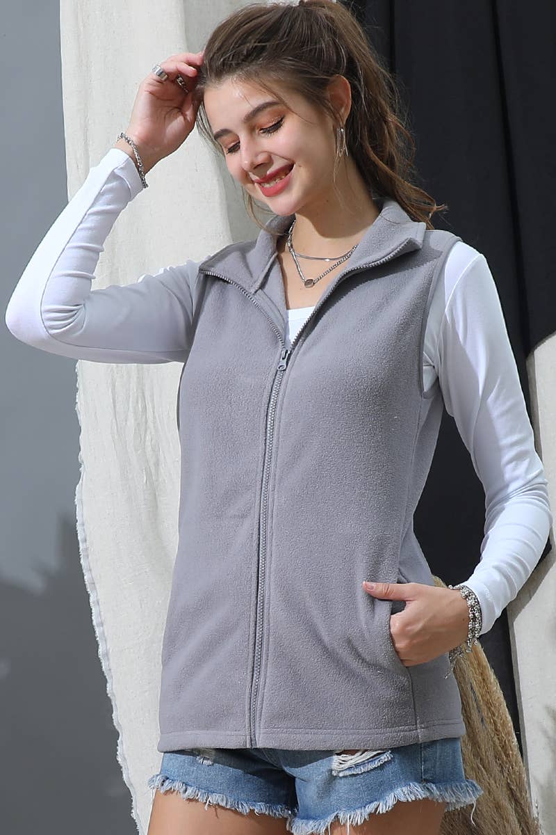 CWOV095_ZIP UP CASUAL FLEECE VEST JACKET WITH POCKTS