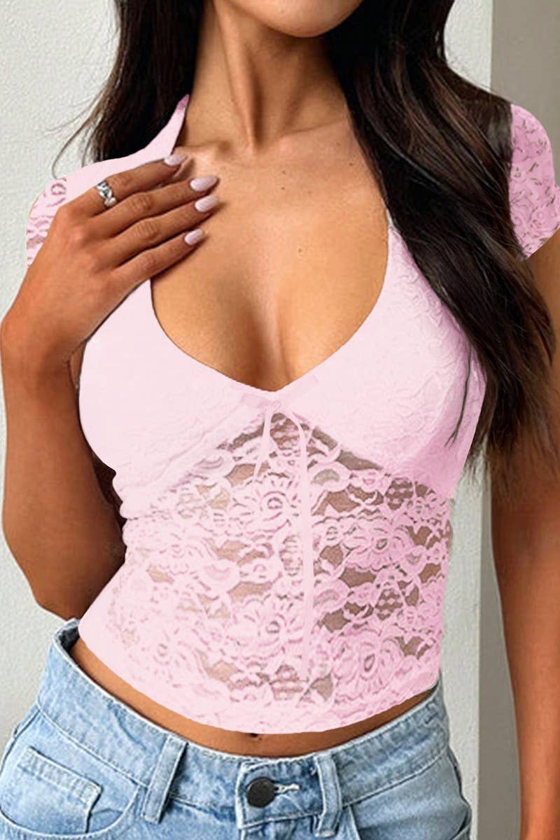 CWTBLS1581_DEEP V SLIM FIT HOLLOW SHORT SLEEVE LACE TOP