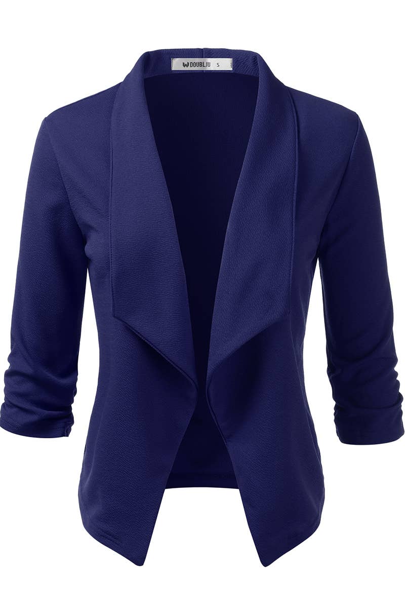 CWOBL091_Casual Work Ruched 3/4 Slv Open Front Blazer Jacket