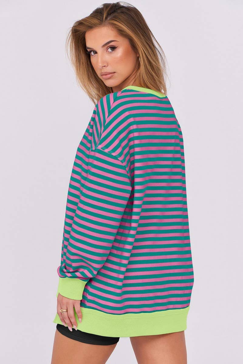 CWTBLL00830_COLORFUL STRIPE V NECK LOOSE SWEATSHIRT