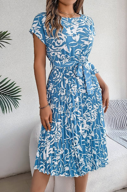 CWDMD2665_SUMMER FLOWER SHORT SLEEVE PLEATED DRESS