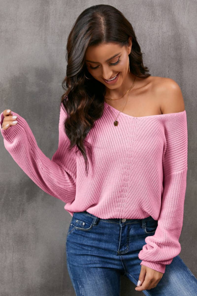 CWOSWL6706_WINTER SOLID COLOR V-NECK LONG-SLEEVED SWEATER