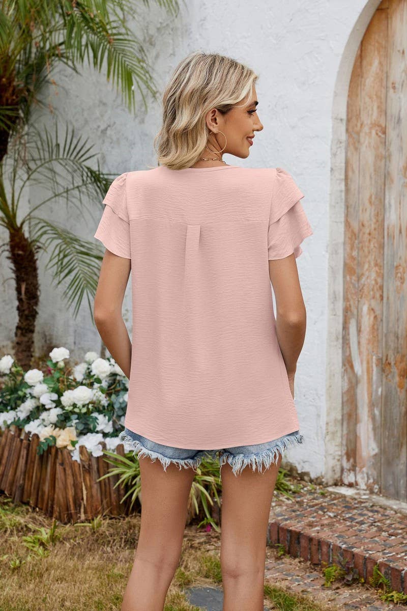 CWTBLS1737_V-NECK HOLLOW DOUBLE-LAYER SLEEVE CHIFFON TOP