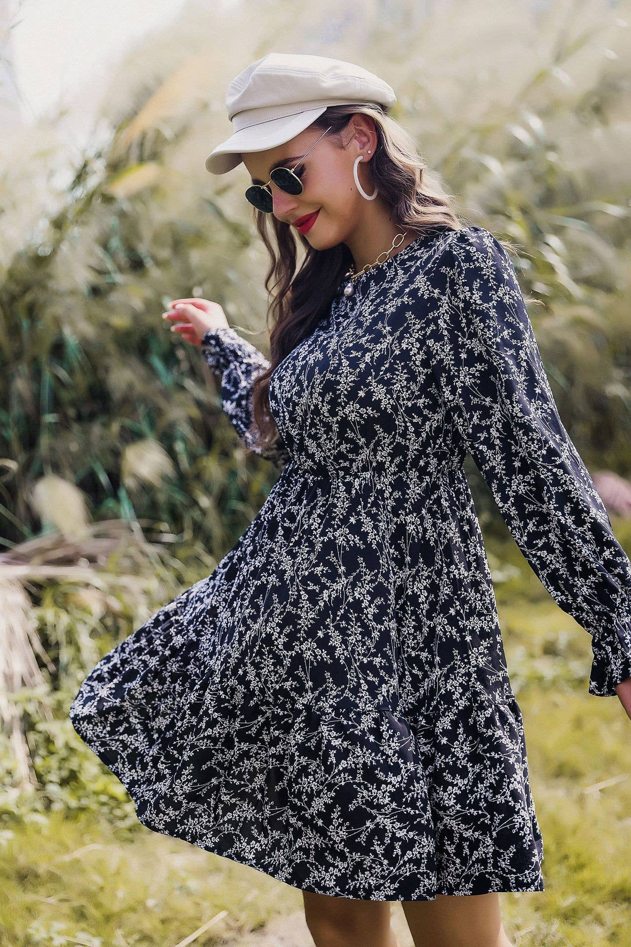 CREW NECK LONG SLEEVE PRINTED WAIST DRESS