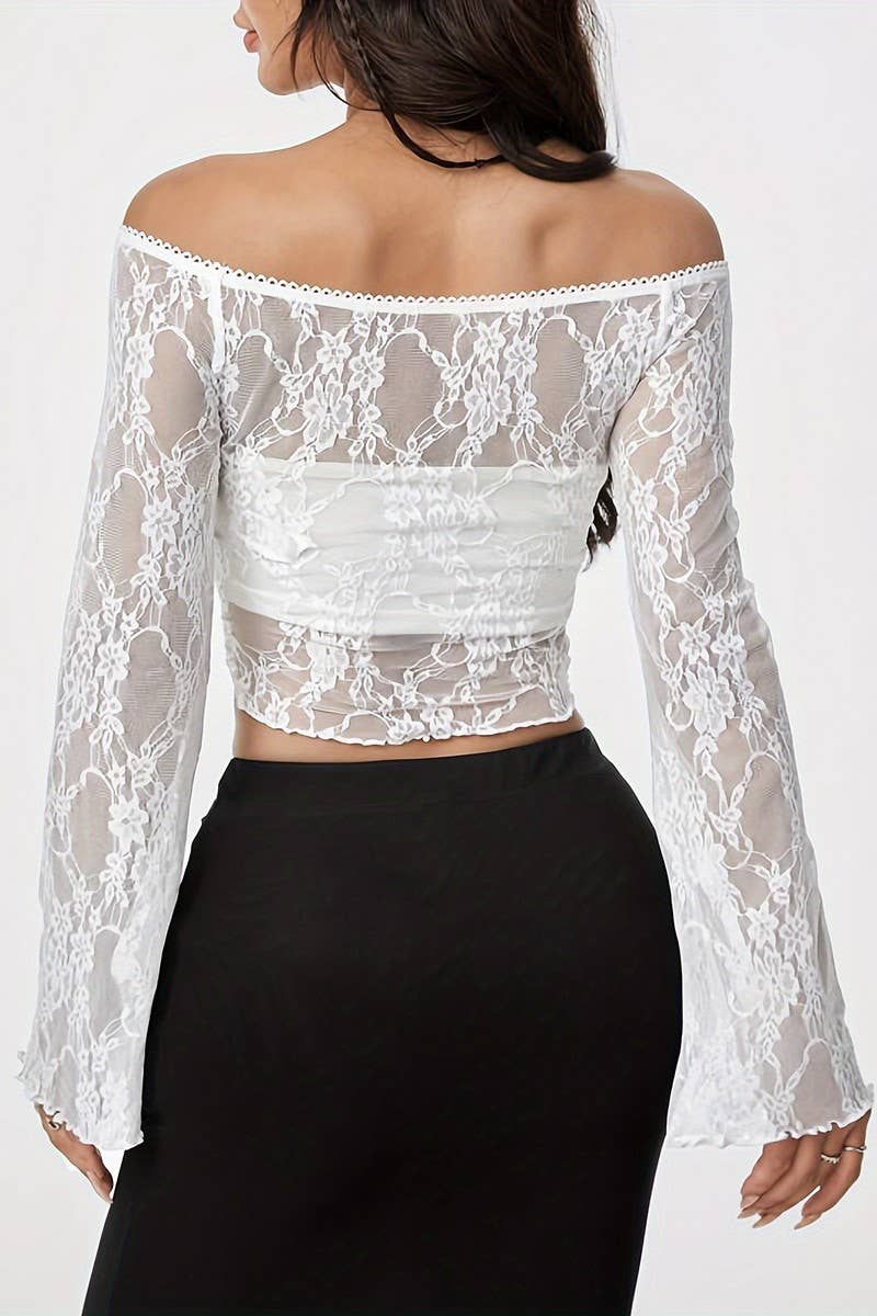 CWTBLL3549_OFF-THE-SHOULDER SINGLE-LAYER LACE CROPPED TOP