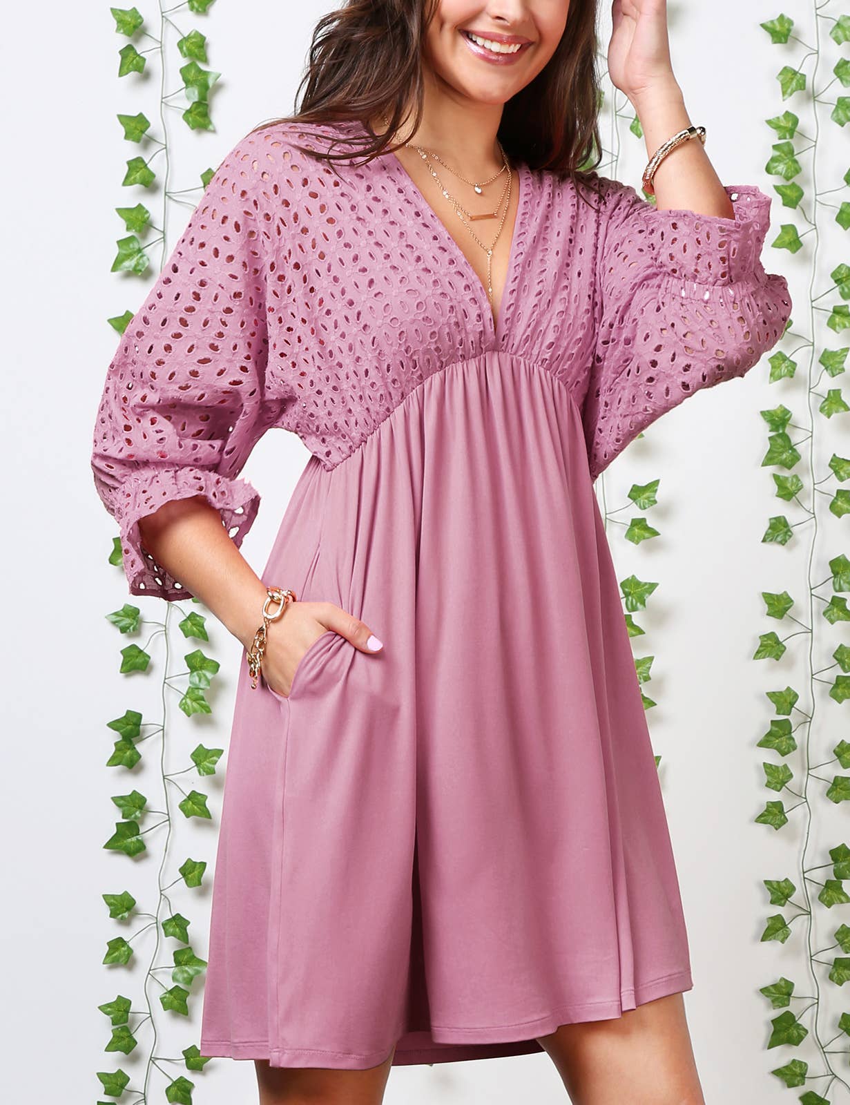 CWDSD10370_COTTON EYELET CONT BODICE WITH 3/4 SLEEVE DRESS