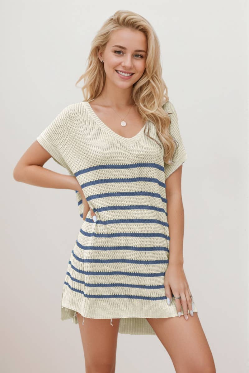 CWDSD3925_V-NECK STRIPED SHORT-SLEEVED KNITTED SHORT DRESS