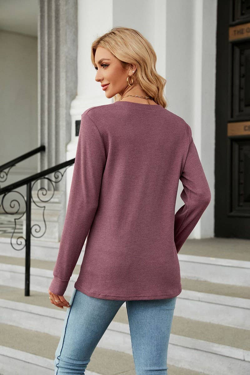 CWTBLL2416_SOLID COLOR V-NECK BUTTON LOOSE T-SHIRT TOP