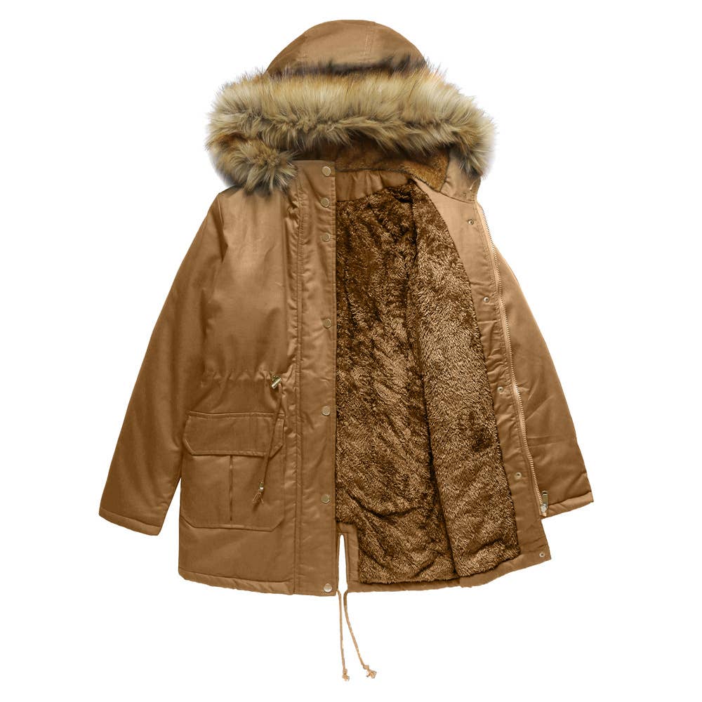 Fleece-padded jacket with hooded fur collar