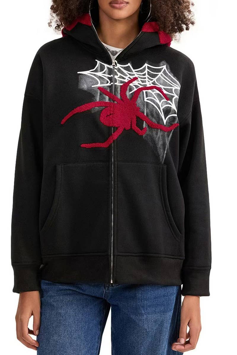 CWOHOL1117_SPIDER EMBROIDERED LOOSE FIT HOODIE