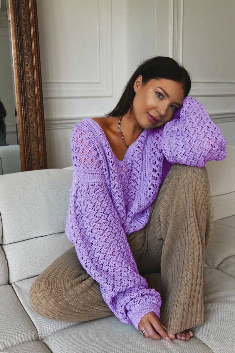 CWOSWL3168_HOLLOW V-NECK KNITTED CROCHETED SWEATER