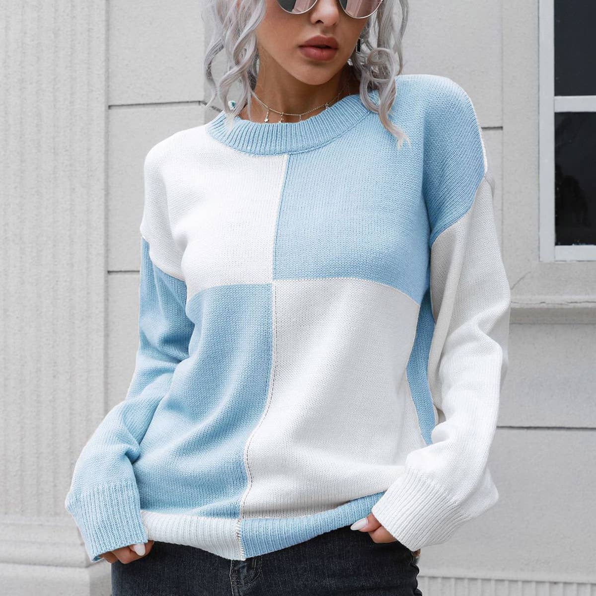 DESIGN SENSE CHECKERED LONG-SLEEVED SWEATER