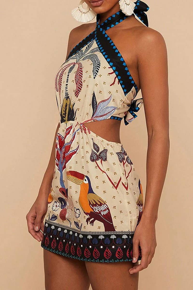 CWDHL01110_FLORAL HALTER NECK SEXY SHORT DRESS