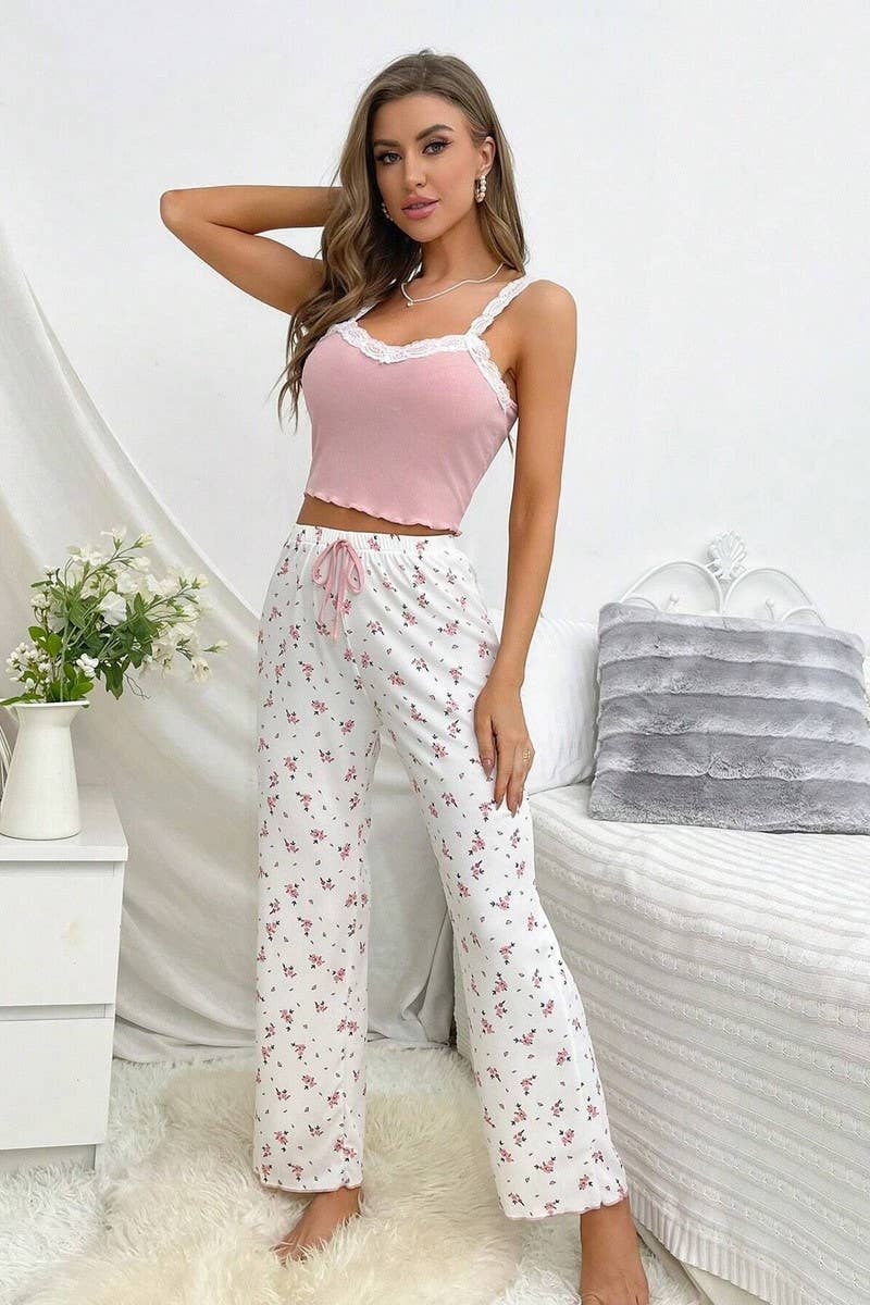 CWSPJ00486_FLORAL LACE CAMI AND PANTS SUMMER PAJAMA SET