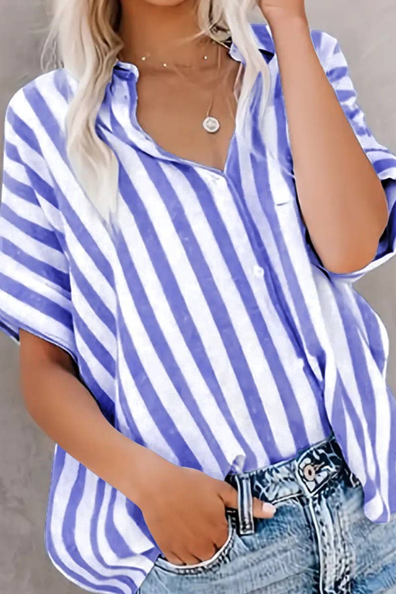 CWTBLSL0993_CASUAL LOOSE TWO-TONE STRIPED CARDIGAN SHIRT