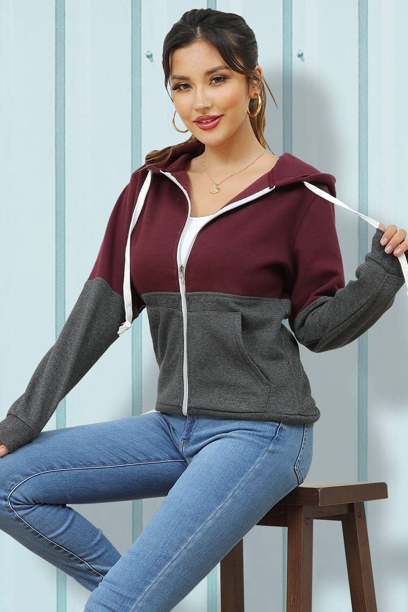 CWOHOL437-P_2 COLOR BLOCK ZIP-UP HOODED WITH 2 SIDE POCKETS