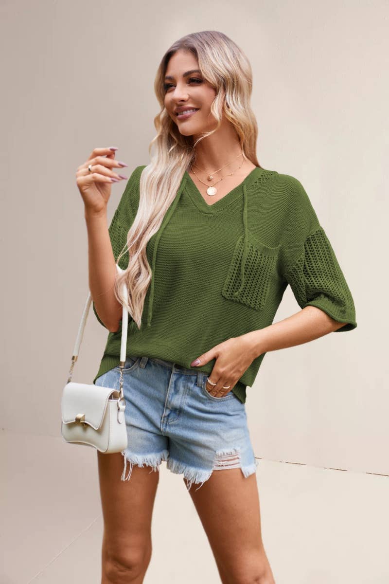 CWTBLS0745_SHORT-SLEEVED CUT-OUT HOODED SWEATER TOP