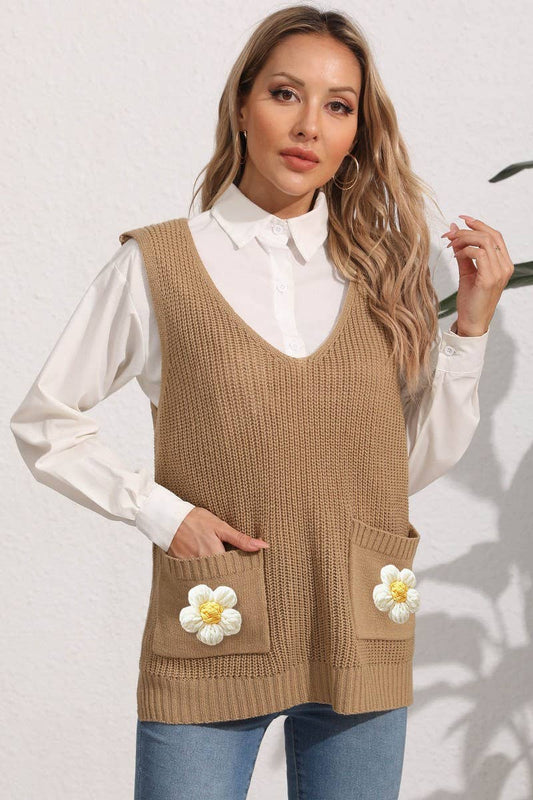 CWOJA00766_WOMEN V-NECK CROCHET PATCHWORK KNIT VEST