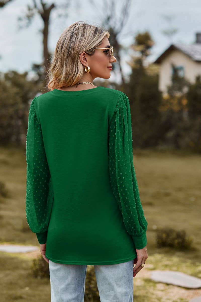 CWTBLL1047_LONG-SLEEVED V-NECK MESH PATCHWORK LOOSE TOP