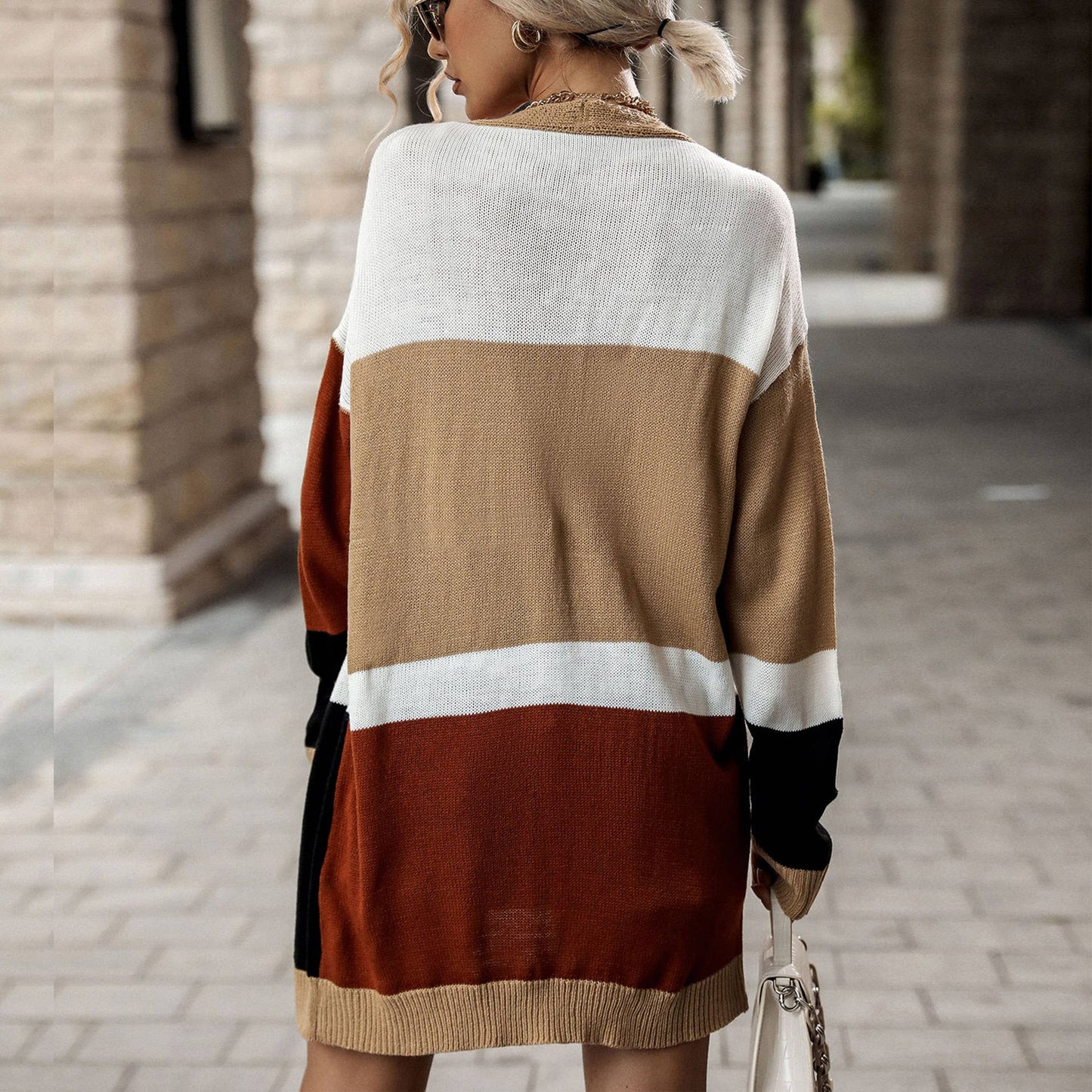Color-blocking patchwork long knitted cardigan