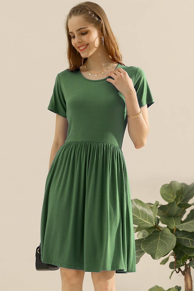 CWDSD10374_CREWNECK SHIRRED FLOWY SWING SHORT SLEEVE DRESSES