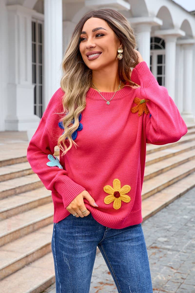 CWOSWL3070_CASUAL FLORAL LOOSE CREWNECK SWEATER