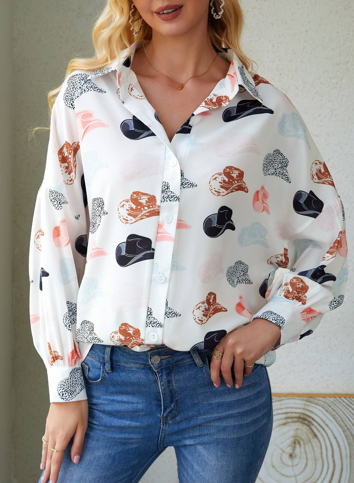 COWBOY HAT PRINTED LAPEL LONG SLEEVE LOOSE SHIRT