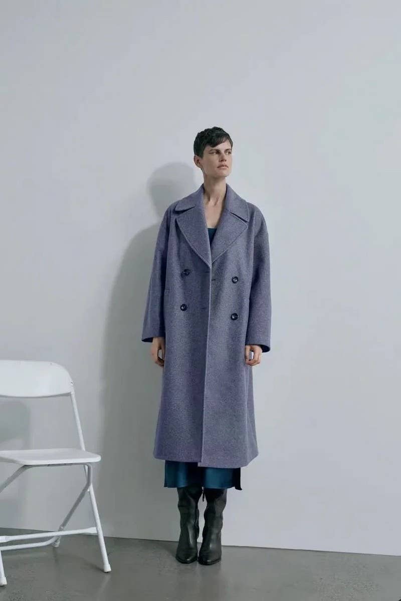 CWOCO1098_SOLID COLOR LAPEL LOOSE DOUBLE-BREASTED LONG COAT