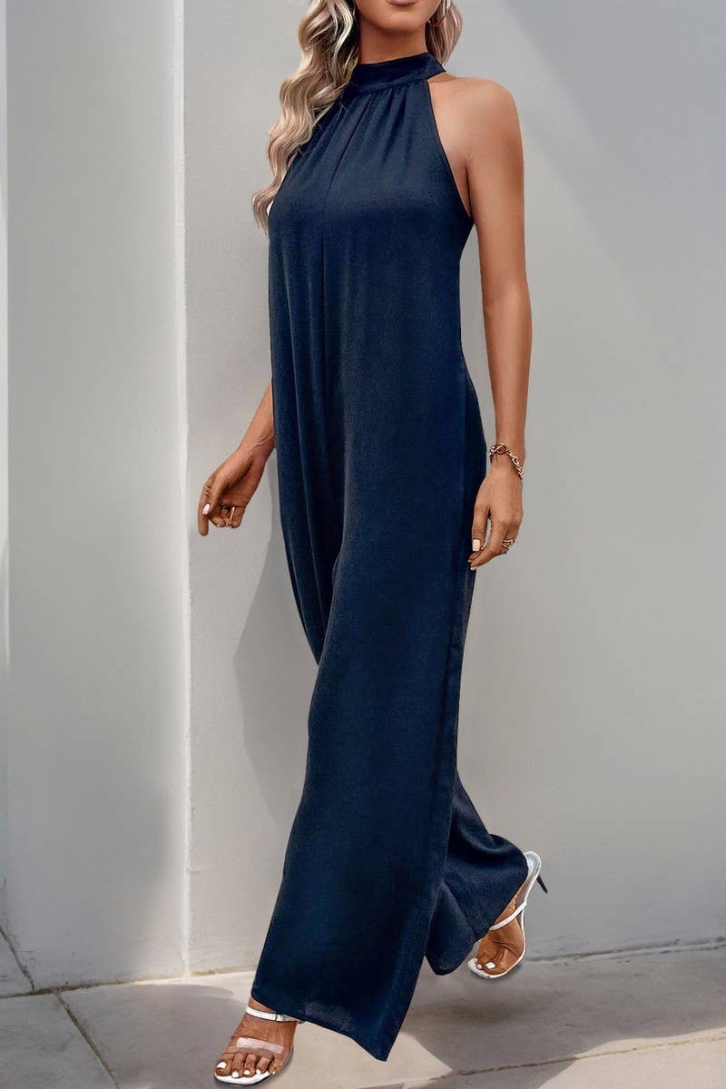 CWSJS1675_SOLID HIGH NECK HALTER WIDE LEG JUMPSUIT