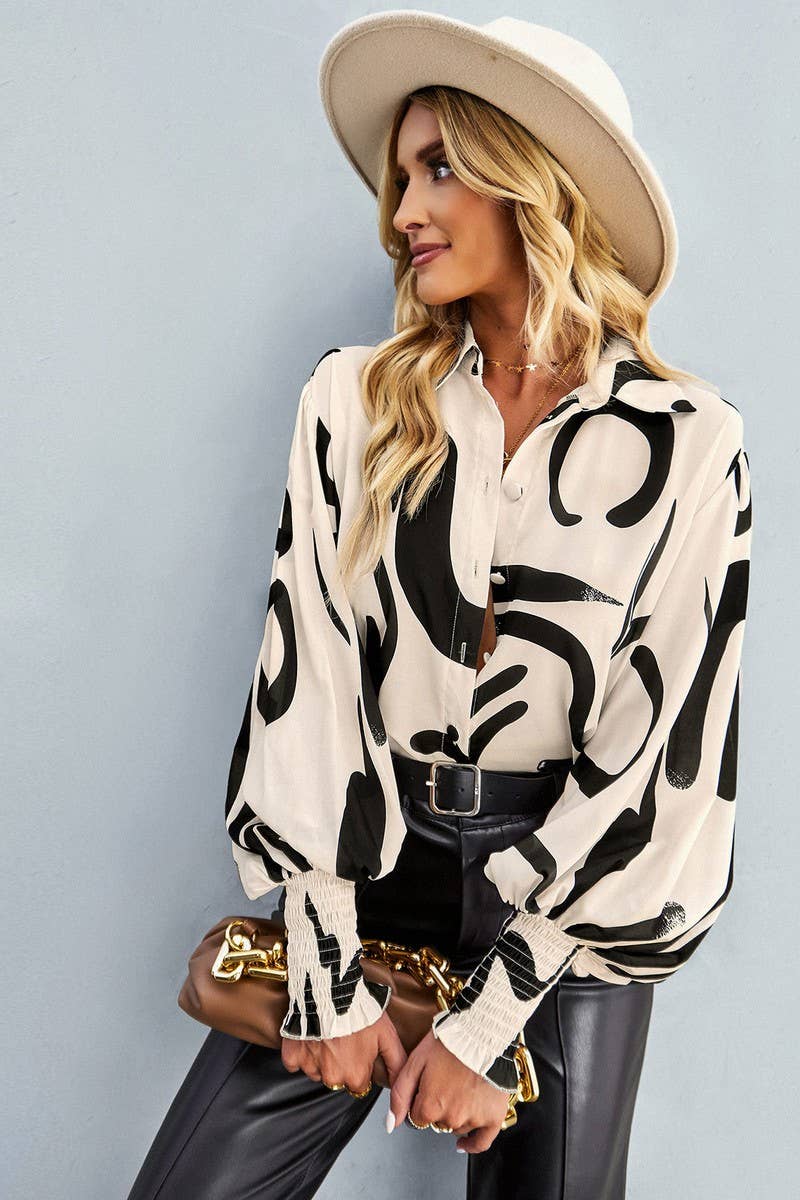 CWTBLL2770_LAPEL LONG SLEEVE PRINTED SHIRT TOP