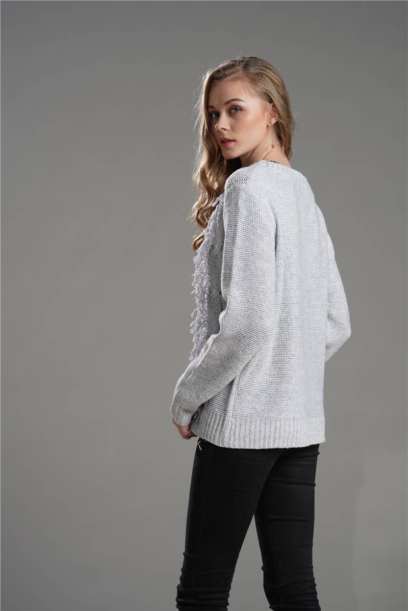 CREWNECK LONG SLEEVE PULLOVER SWEATER WITH FRINGE