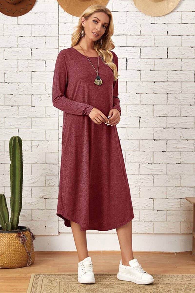 CWDMD3948_SOLID COLOR CASUAL LONG SLEEVE LONG DRESS