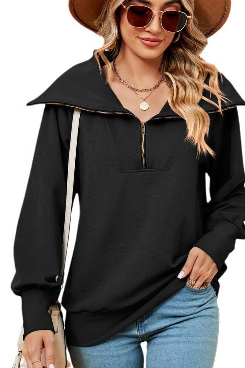 CWTBLL2400_SOLID COLOR ZIPPER LAPEL LOOSE SHAWL SWEATSHIRT