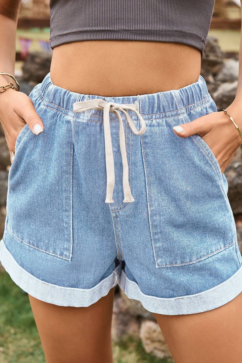 CWJS00039_ELASTIC WAIST CASUAL ROLLED-UP DENIM SHORTS