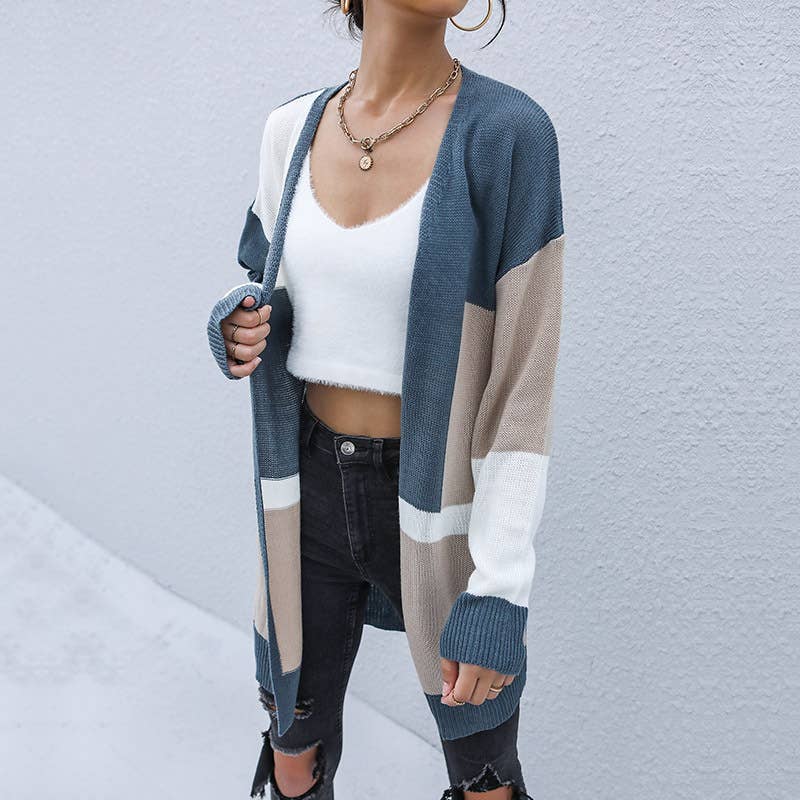 Color-blocking casual long knitted cardigan