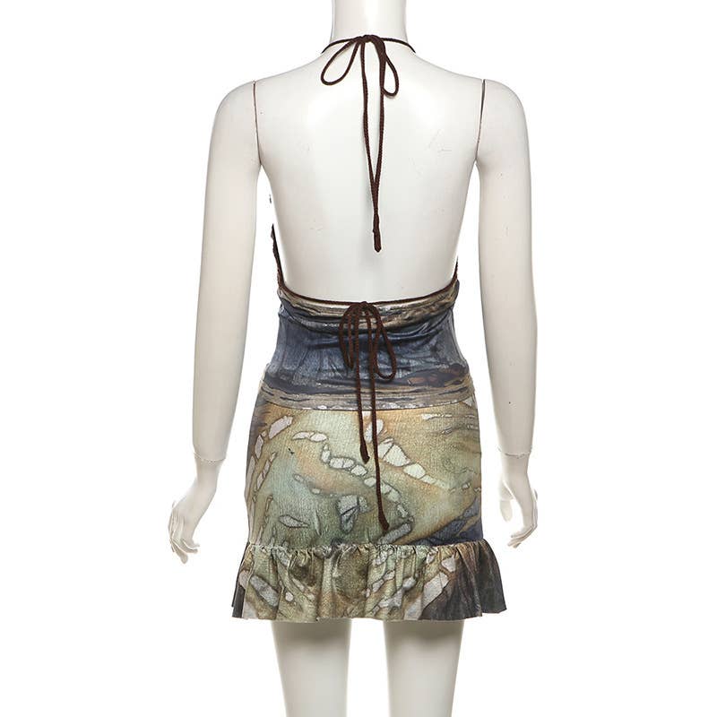 Backless Halter Neck Printed Mini Skirt