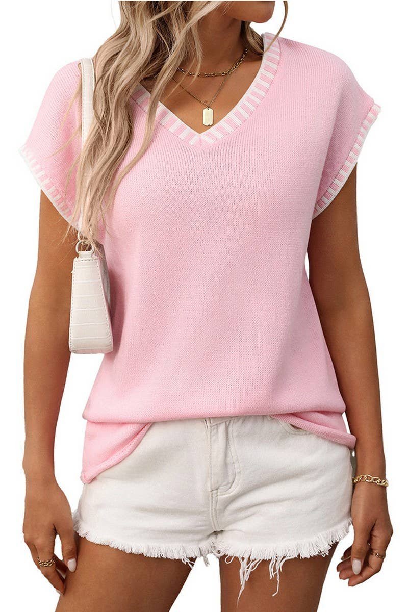 CWOSWSL0155_V-NECK CAP SLEEVE KNIT PULLOVER SWEATER VEST