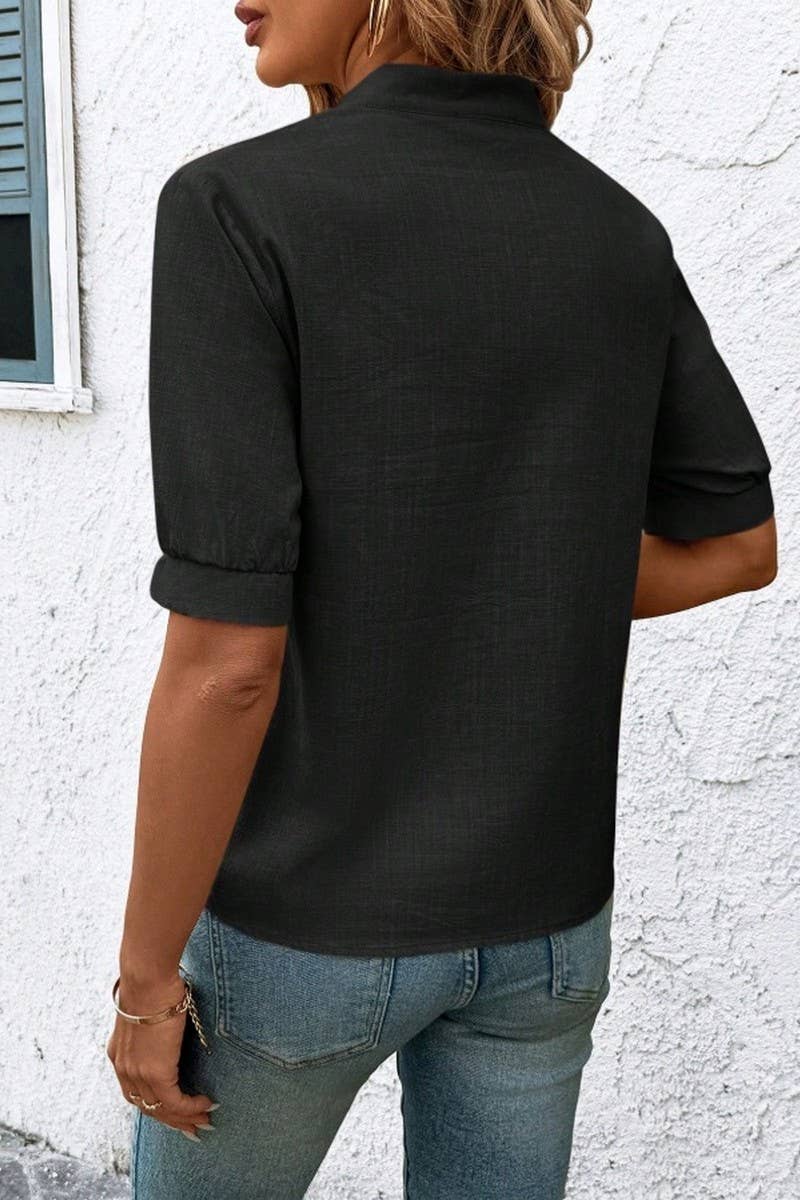 CWTBLS2269_V-NECK COTTON EMBROIDERED SHORT SLEEVE SHIRT